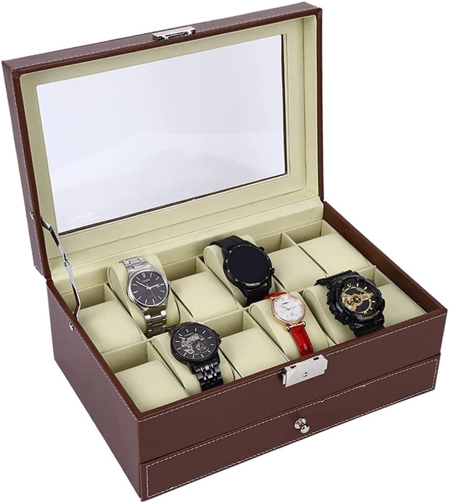 12 Slot PU Leather Lockable Watch Box (Brown)