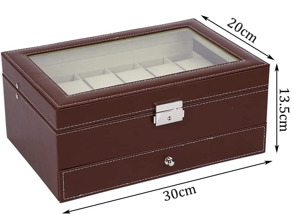 12 Slot PU Leather Lockable Watch Box (Brown)