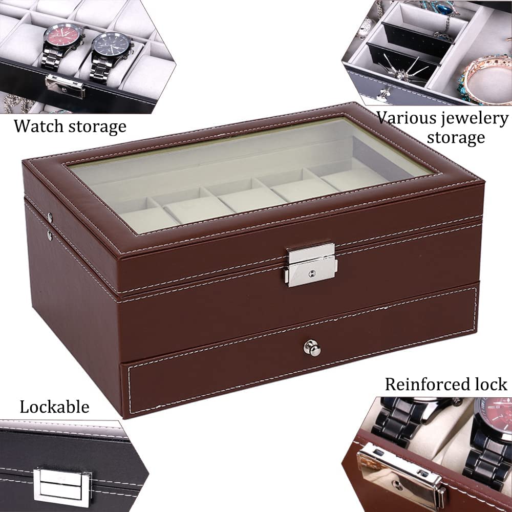 12 Slot PU Leather Lockable Watch Box (Brown)