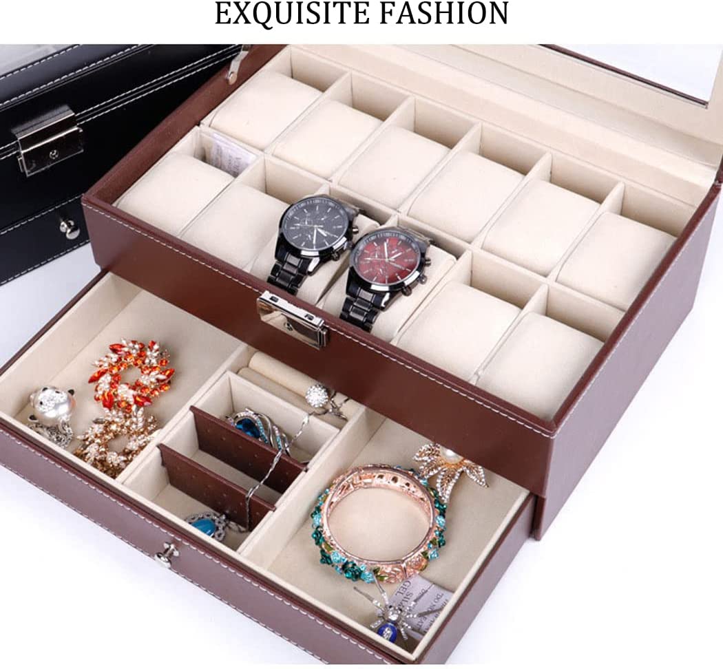 12 Slot PU Leather Lockable Watch Box (Brown)