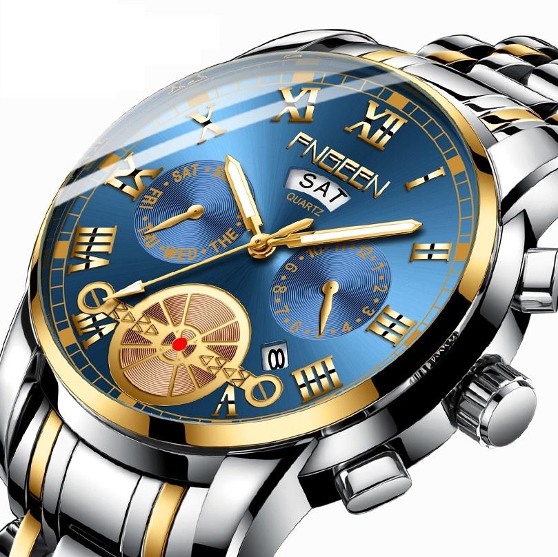 Gold Blue Multi-function Men Quartz Watch