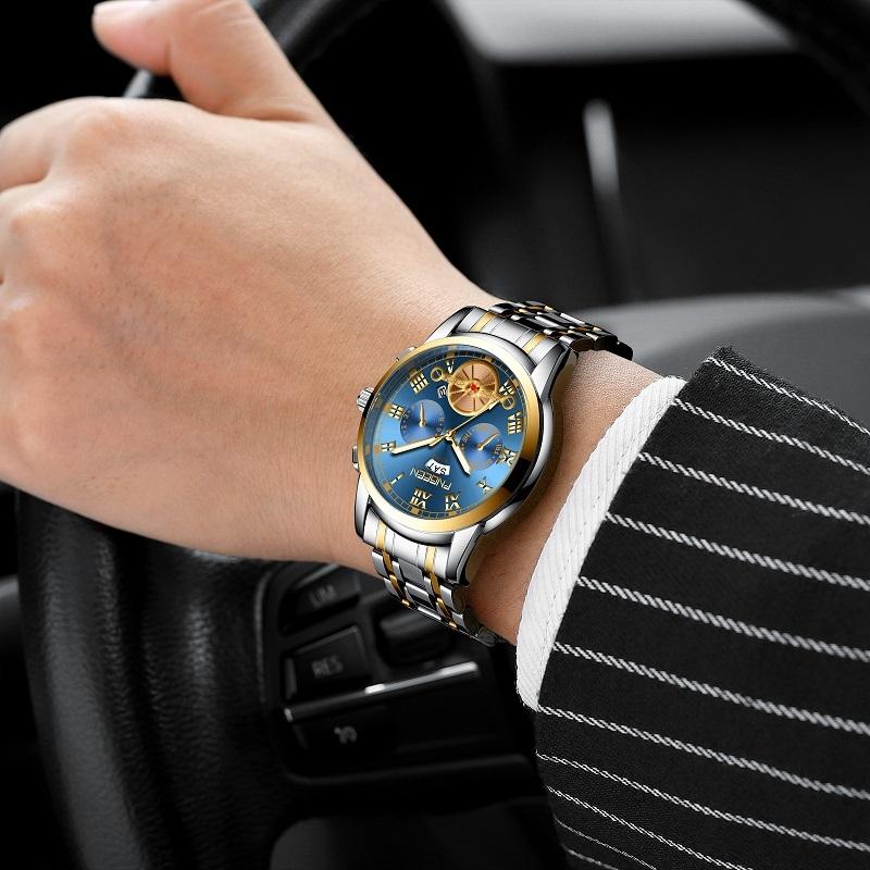 Gold Blue Multi-function Men Quartz Watch