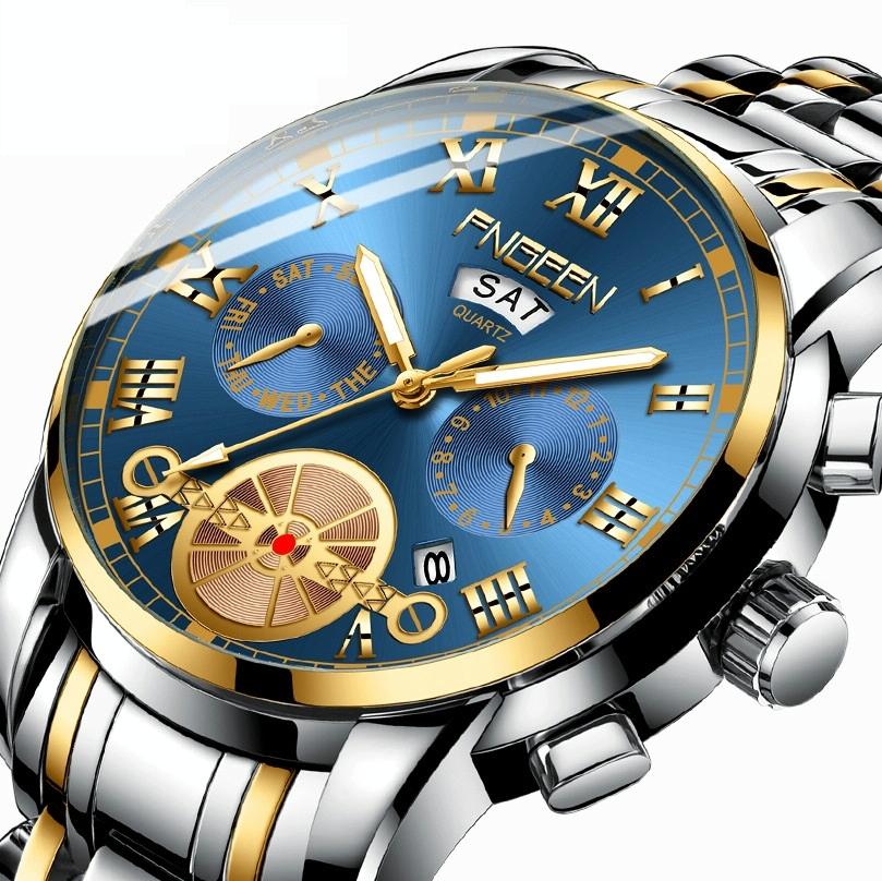 Men Multi-function Quartz Watch - Black Steel with Gold Accents