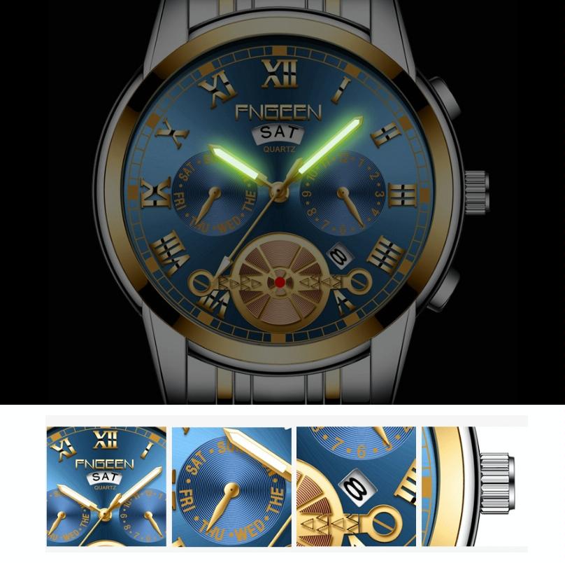 Men Multi-function Quartz Watch - Black Steel with Gold Accents