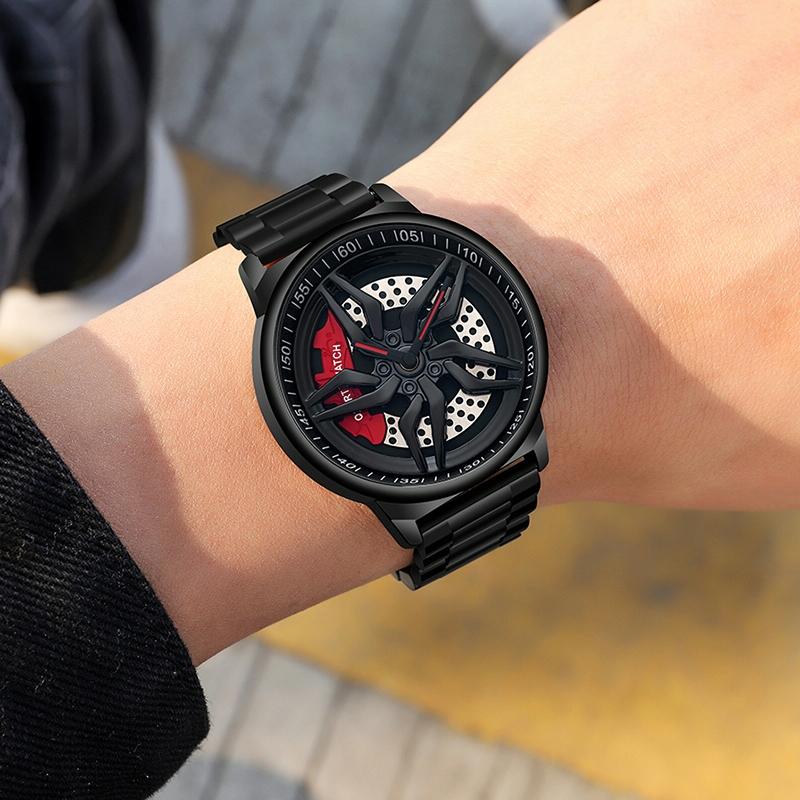 Men 360 Degree Hollow Spinning Dial Quartz Watch with Steel Strap - Silver