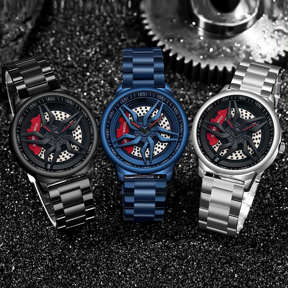 Men 360 Degree Hollow Spinning Dial Quartz Watch with Steel Strap - Silver