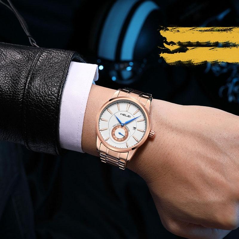 Waterproof Men Quartz Watch with Night Light - H9009b-g - Rose Gold White