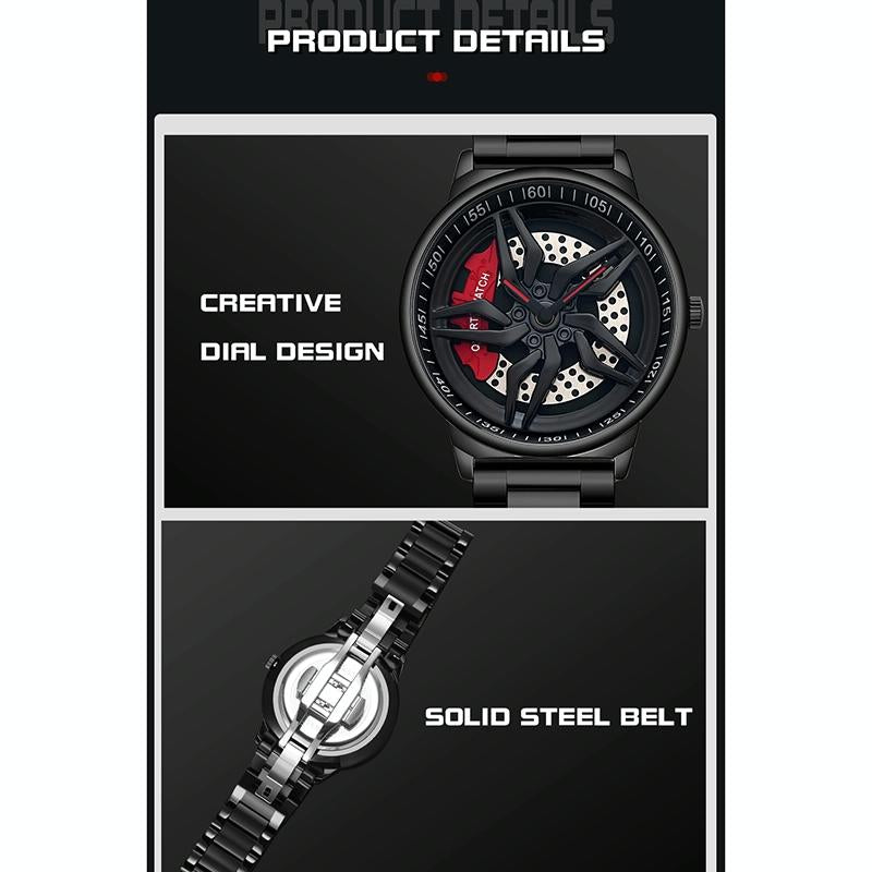 Men 360 Degree Hollow Spinning Dial Quartz Watch with Steel Strap - Blue