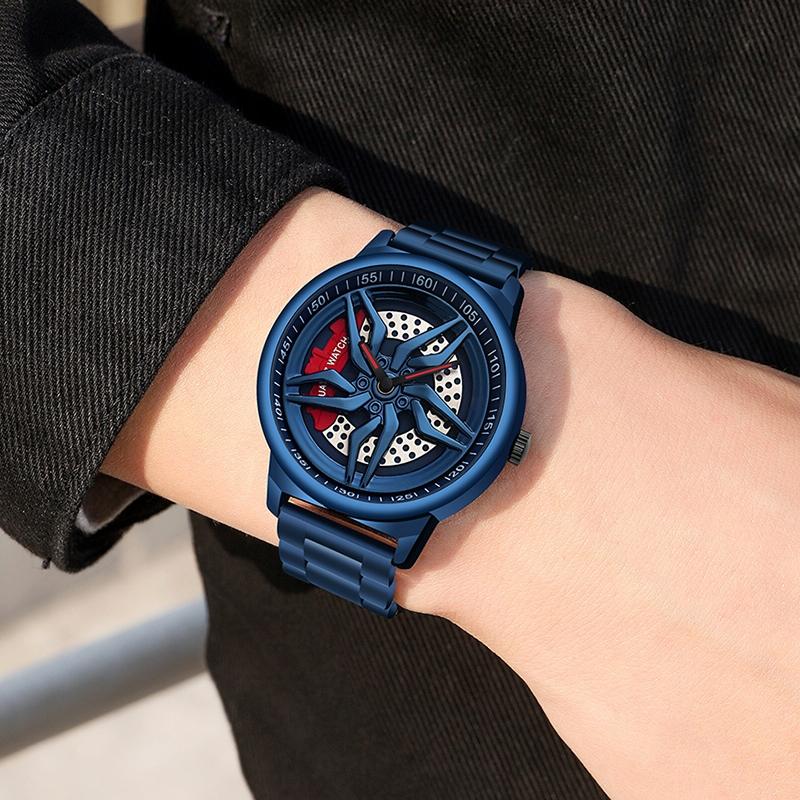 Men 360 Degree Hollow Spinning Dial Quartz Watch with Steel Strap - Blue
