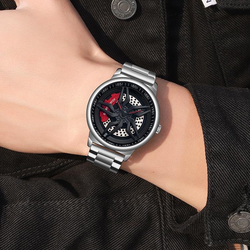Men 360 Degree Hollow Spinning Dial Quartz Watch with Steel Strap - Blue