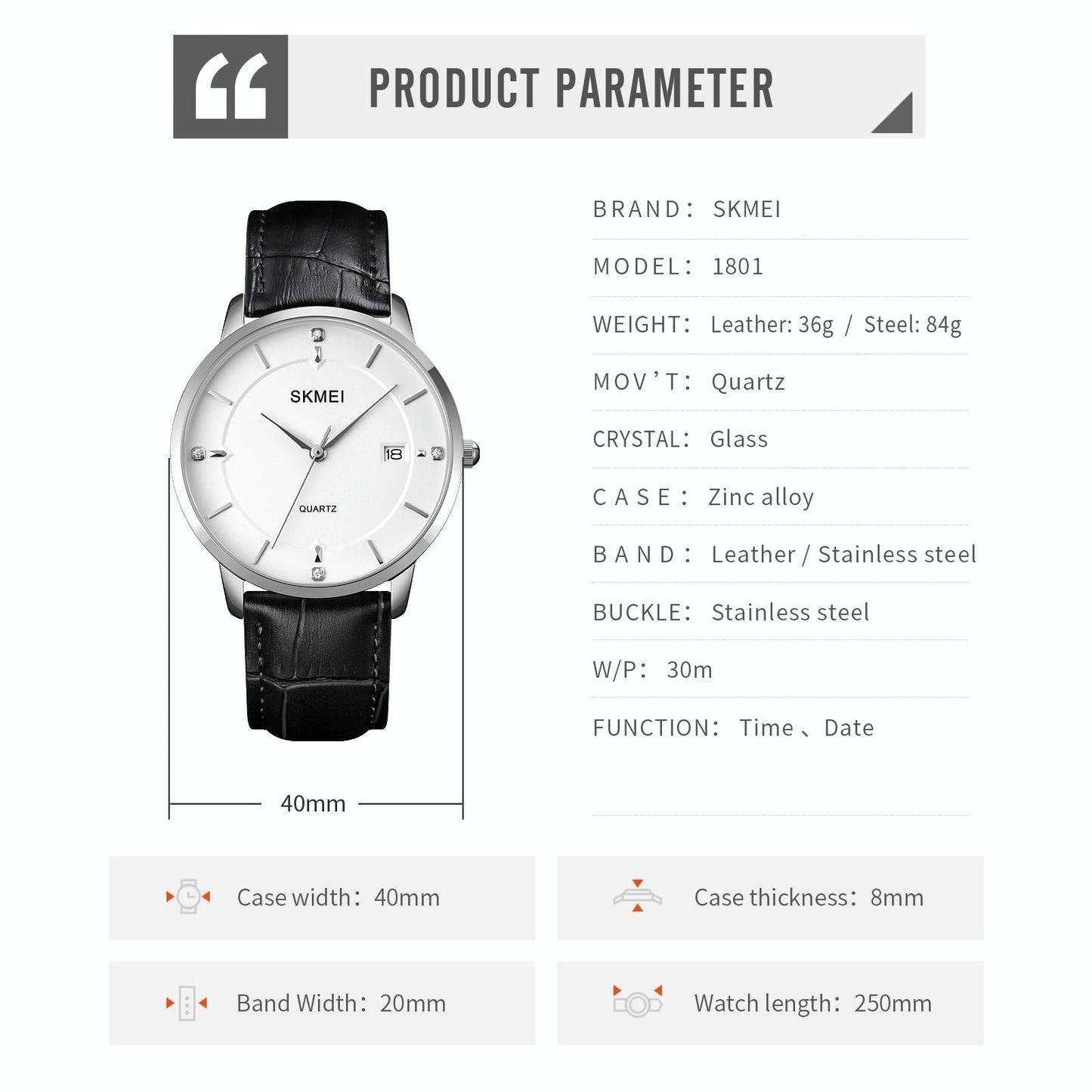 Men Casual Quartz Watch with Calendar - 1801 - Black Steel Belt