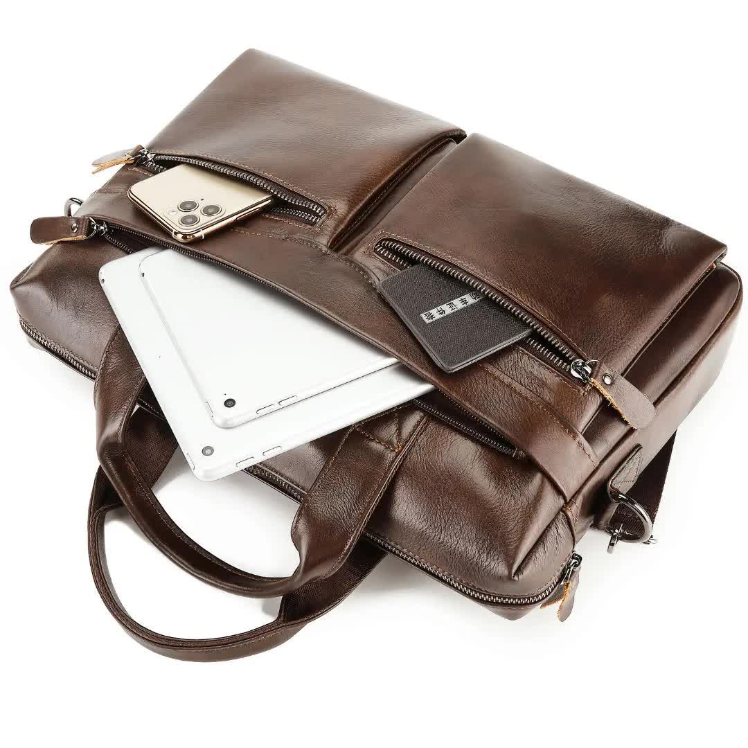 Mens' Brown Genuine Leather Briefcase - Classic Business Messenger Bag
