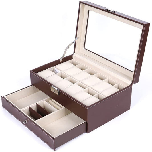 12 Slot PU Leather Lockable Watch Box (Brown)