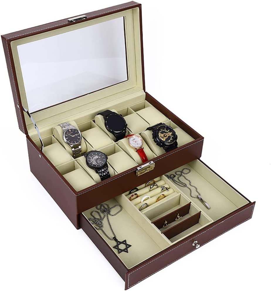 12 Slot PU Leather Lockable Watch Box (Brown)