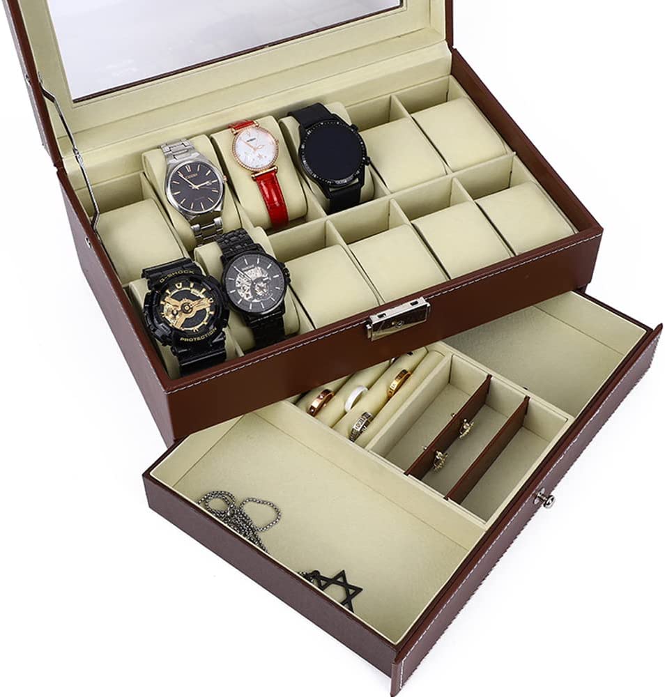 12 Slot PU Leather Lockable Watch Box (Brown)