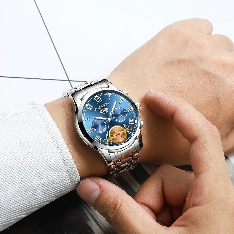 Men Multi-function Quartz Watch - Black Steel with Gold Accents