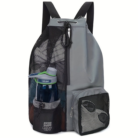 Grey Mesh Drawstring Swim Backpack with Wet Bag - Durable Beach Gym Bag for Wet Gear