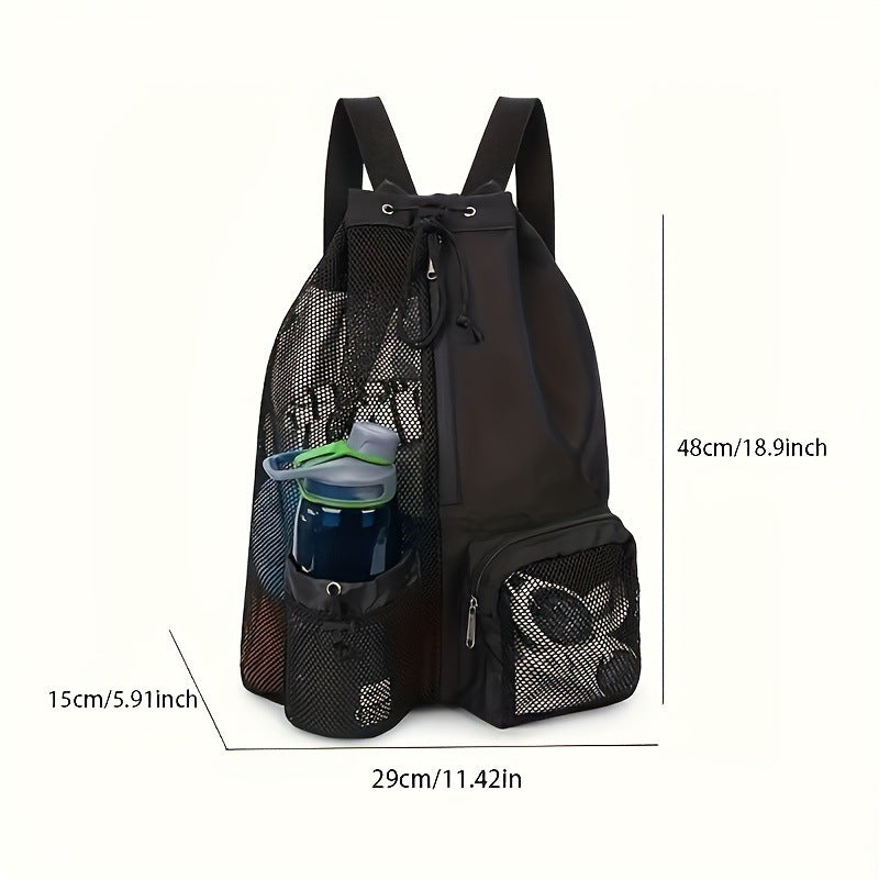 Grey Mesh Drawstring Swim Backpack with Wet Bag - Durable Beach Gym Bag for Wet Gear