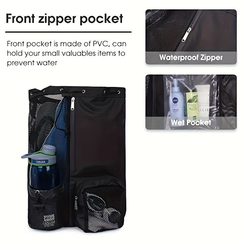 Grey Mesh Drawstring Swim Backpack with Wet Bag - Durable Beach Gym Bag for Wet Gear